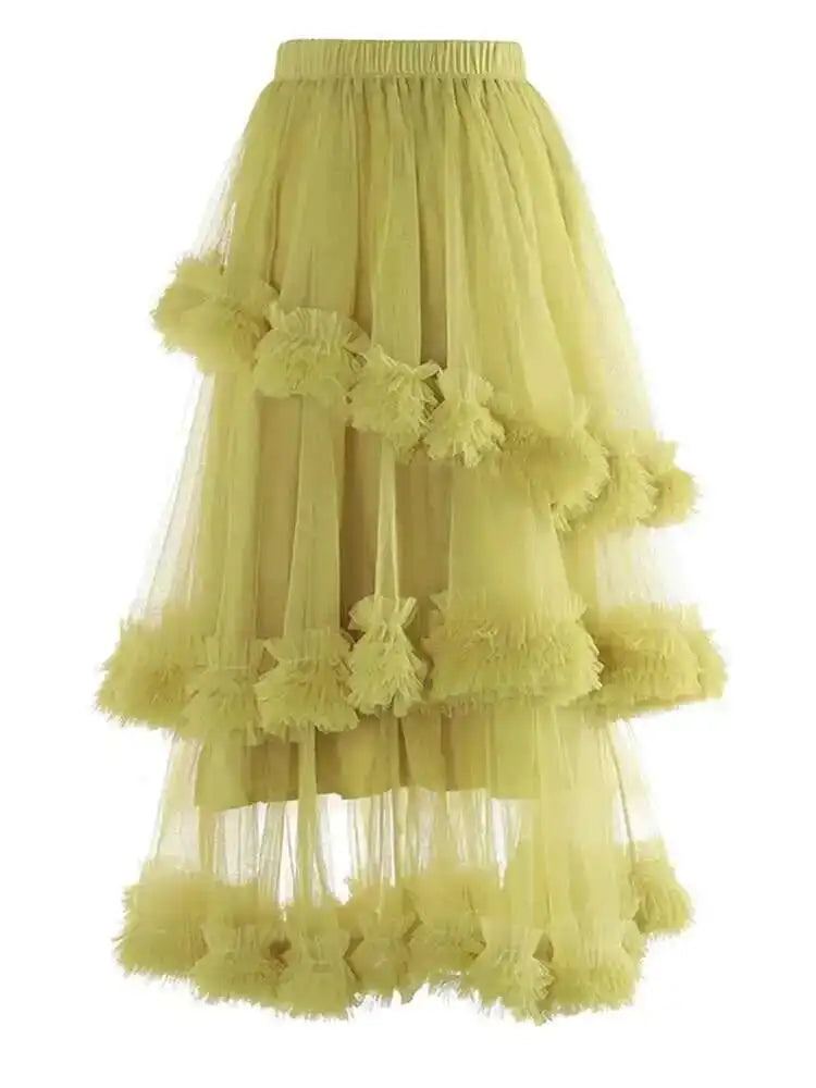 High Elastic Waist Yellow Mesh Ruffles Irregular A-line Half-body Skirt Women Fashion Tide New Spring Autumn 2025 1DH9405