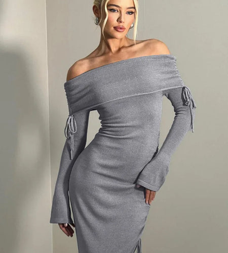 Elegant Winter New Women Fashion Long sleeved Dress One line Neck Drawstring Wrap Hip Vestidos Bodycon Party Evening