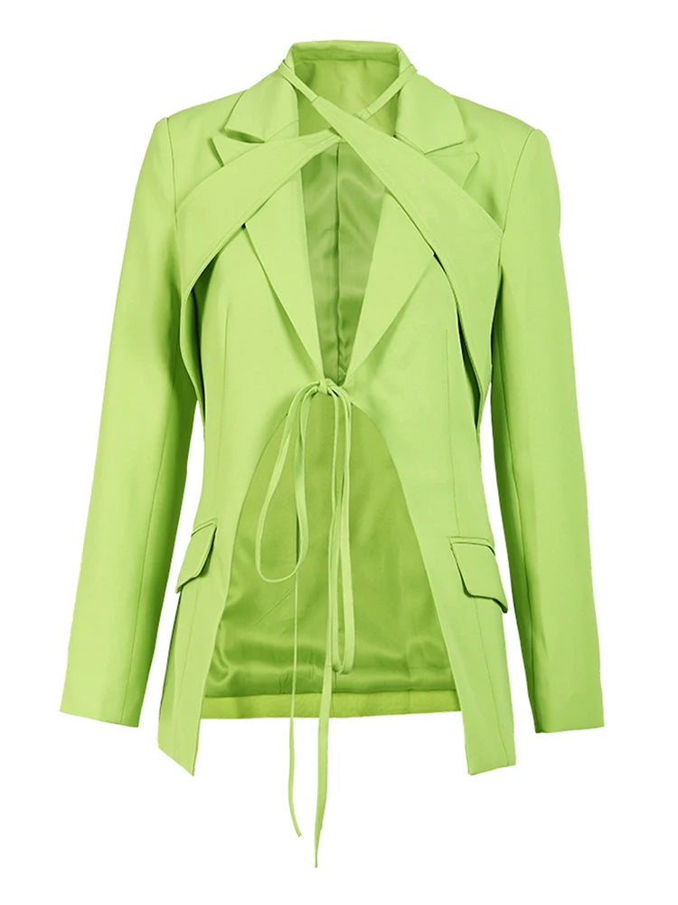 Women Green Irregular Cross Bandage Blazer New Lapel Long Sleeve Loose Fit Jacket Fashion Tide Spring Autumn 2025 CP1984