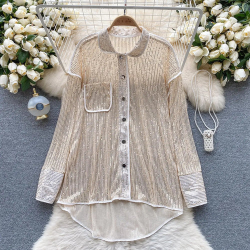 Load image into Gallery viewer, Autumn Solid Lantern Long Sleeve Sequin Shirt Women Fashion Clothing Vintage Loose Versatile Single Breasted Medium Length Tops
