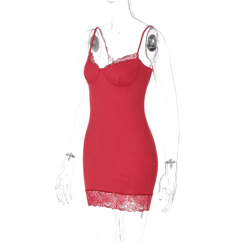 Spaghetti Strap Lace Sexy Mini Dress For Women Red Off-shoulder Strapless Sleeveless Backless Slim Fit Bodycon Dress
