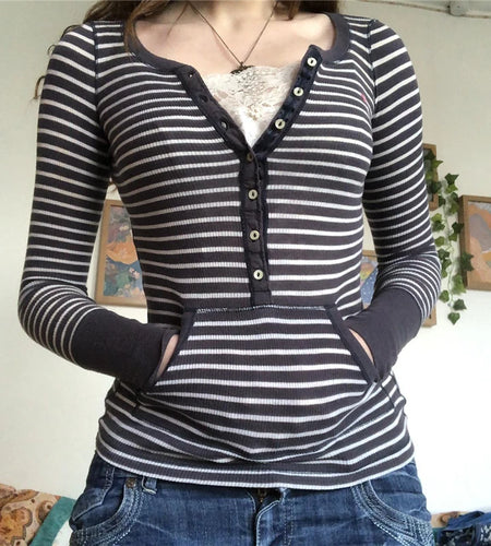 Women T Shirt y2k Aesthetic Striped Button Long Sleeve Tops with Pocket 2000s Clothing Slim Soft Tee Sweats Streetwear