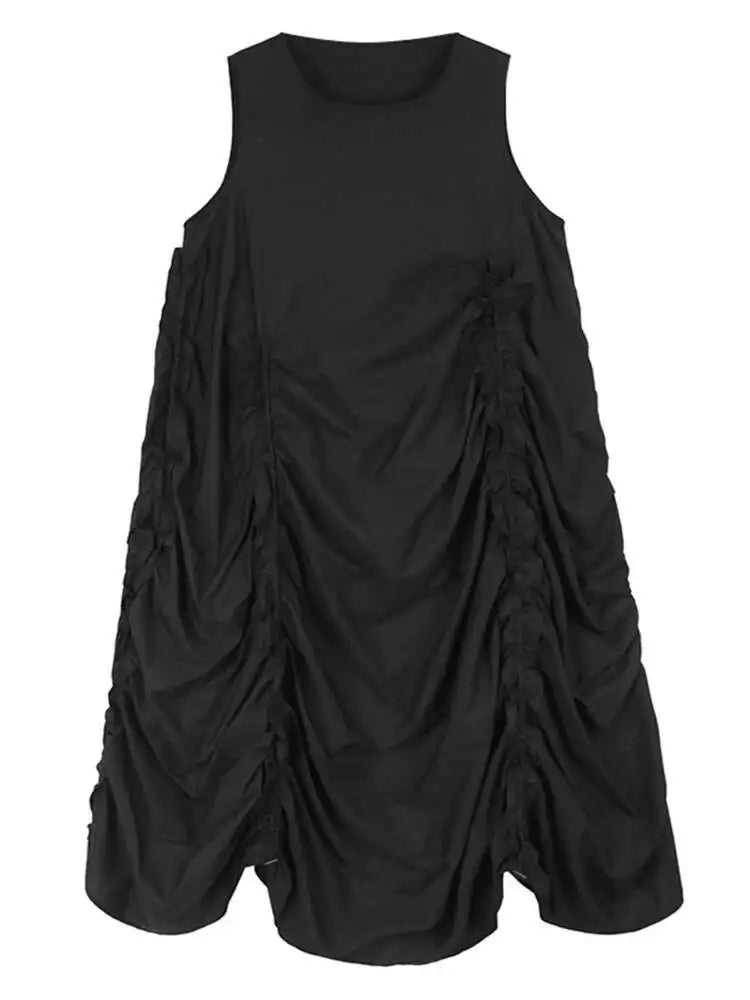 Women Black Irregular Drawstring Big Size Long Dress New Round Neck Sleeveless Fashion Tide Spring Summer 2025 1DH6574