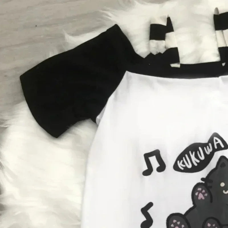 Japanese Women Off Shoulder Graphic T Shirts Y2k Kawaii Cute Cartoon Print T-shirt Top Summer Aesthetic Grunge Fairy Tees