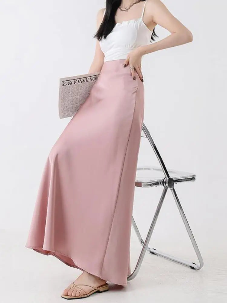 Korean Black Beige A-line Pleated Long Skirt Spring Summer Women 2024 Streetwear Pink High Waist Elegant Wrapped Hip Skirt Trend