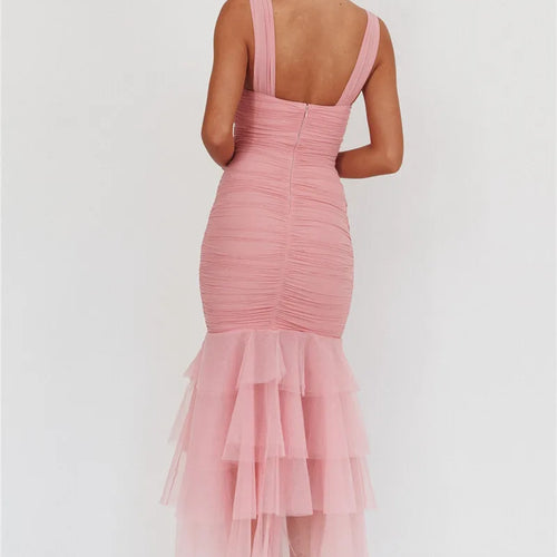 Load image into Gallery viewer, Mesh Backless Sexy Maxi Dress For Women Gown Two Layer Spaghetti Strap Sleeveless Ruched Bodycon Club Party Dress
