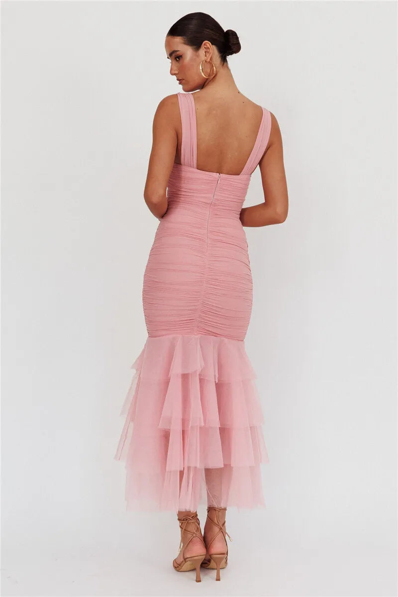 Mesh Backless Sexy Maxi Dress For Women Gown Two Layer Spaghetti Strap Sleeveless Ruched Bodycon Club Party Dress