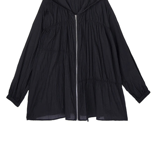 Load image into Gallery viewer, Black Pleated Thin Big Size Casual Jacket New Hooded Long Sleeve Women Coat Fashion Tide Spring Autumn 2025  1DJ1686
