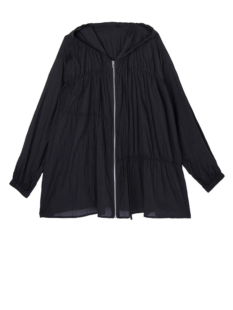 Black Pleated Thin Big Size Casual Jacket New Hooded Long Sleeve Women Coat Fashion Tide Spring Autumn 2025  1DJ1686