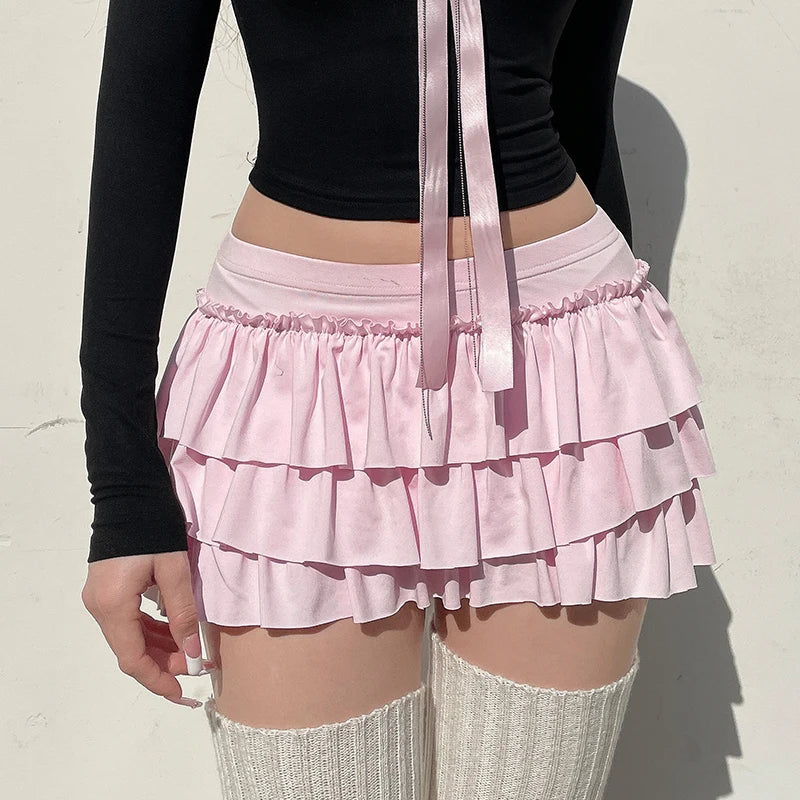 Hotsweet Pink Coquette Low Rise Mini Skirt Ruched Korean Lolita Cake Women Skirts Bow Three-Layers Folds Hottie Y2K