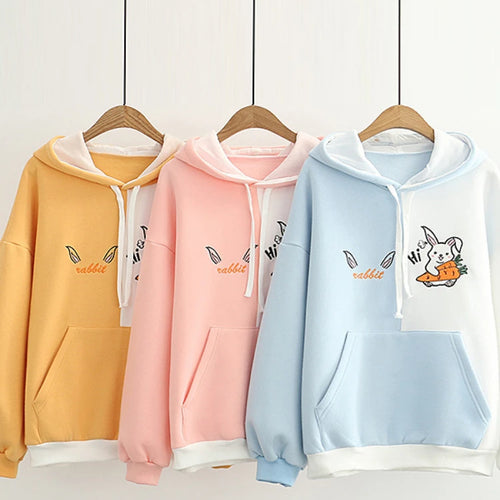 Load image into Gallery viewer, Cartoon Rabbit Embroidery Patchwork Women Hooded Sweatshirts 2023 Autumn Long Sleeve Pocket Kawaii Cute Hoodies Sweet Pullover
