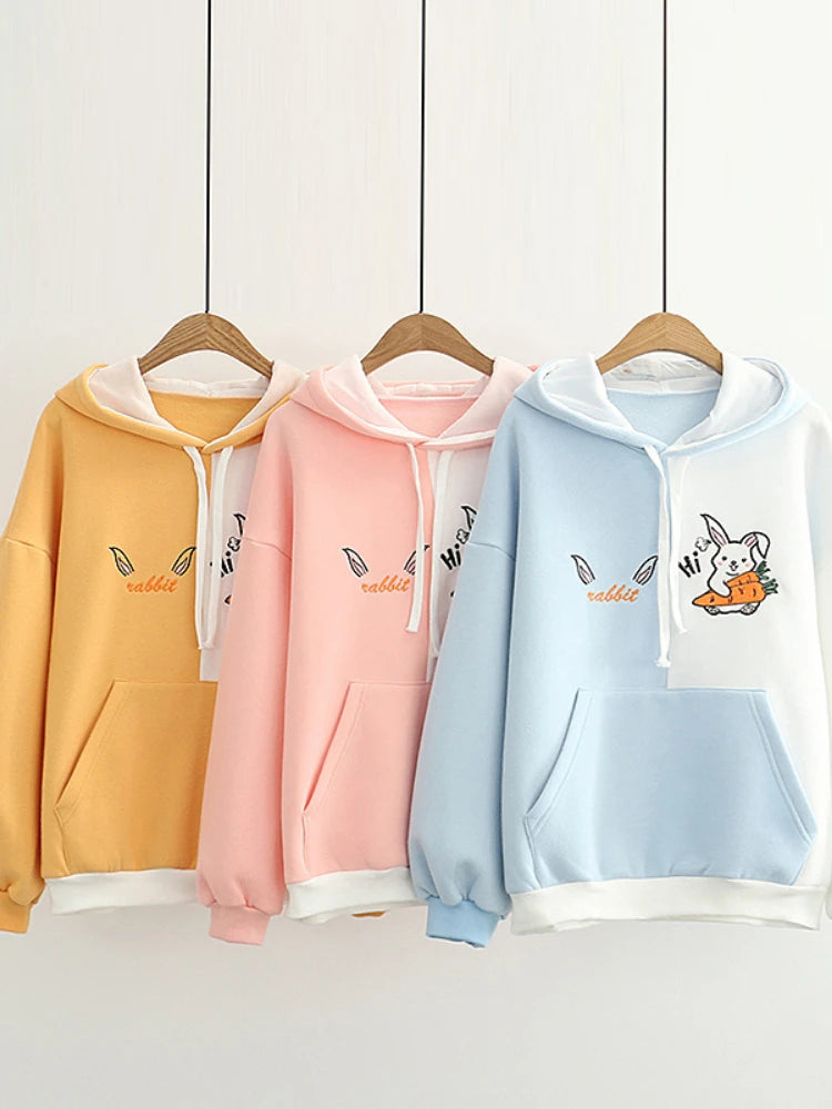 Cartoon Rabbit Embroidery Patchwork Women Hooded Sweatshirts 2023 Autumn Long Sleeve Pocket Kawaii Cute Hoodies Sweet Pullover