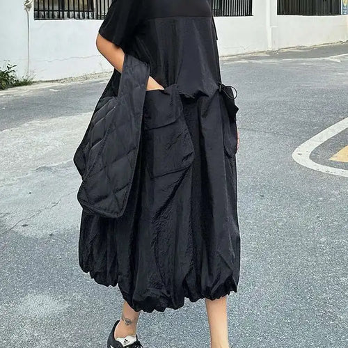 Load image into Gallery viewer, Women Black Drawstring Pocket Big Size Midi Dress New Round Neck Shhort Sleeve Fashion Tide Spring Summer 2025 1DJ0773

