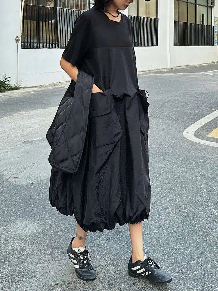 Women Black Drawstring Pocket Big Size Midi Dress New Round Neck Shhort Sleeve Fashion Tide Spring Summer 2025 1DJ0773