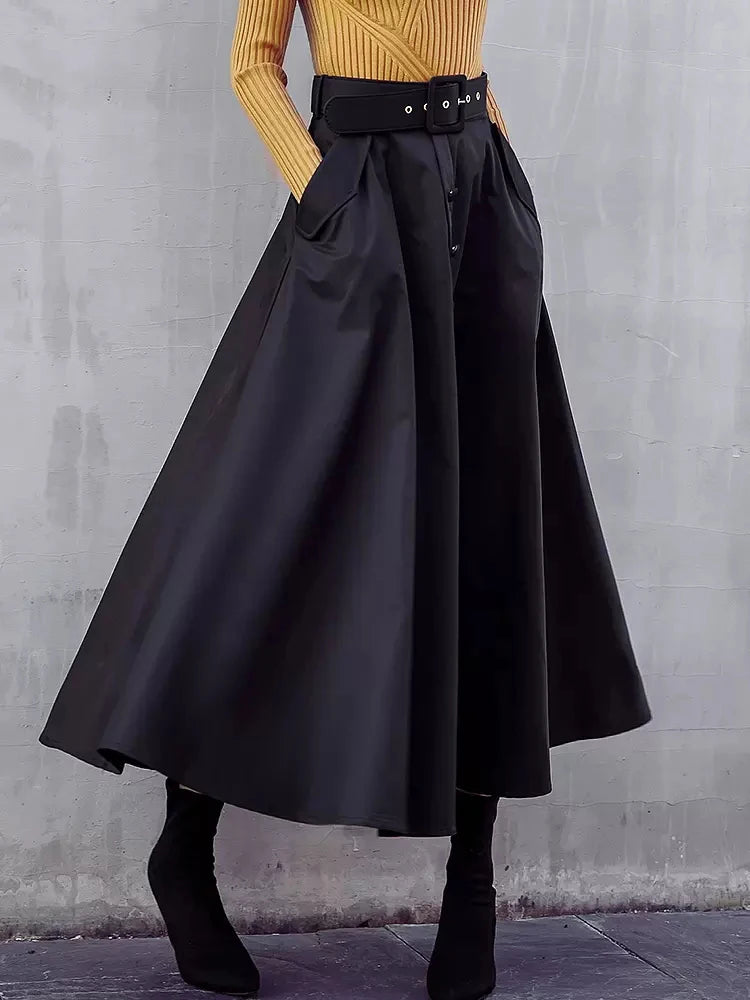 Solid Patchwork Belt Elegant Skirts For Women High Waist Loose Temperament Skirt Female Fashion Clothing