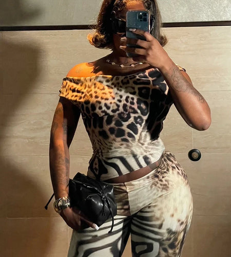 Fashion Leopard Print 2 Piece Set Women Slash Neck Backless Top+Skinny Peach Hip Crop Pants Hottie Hipster Streetwear