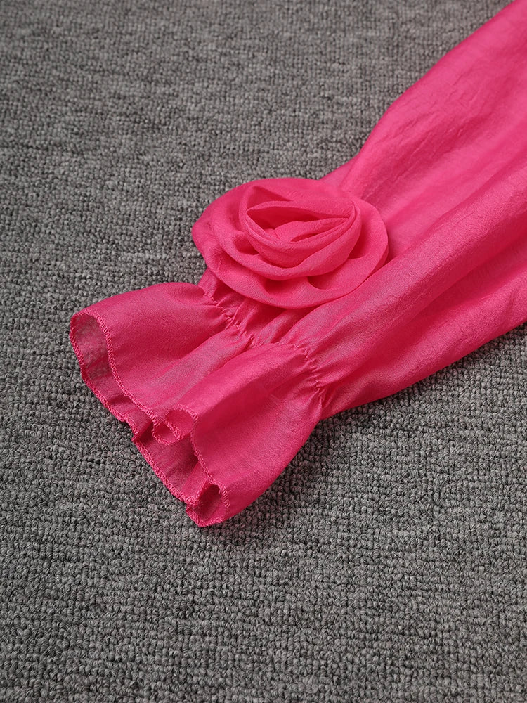 Women Rose Red Mesh Flower Big Size Mini Dress New Stand Collar Long Sleeve Fashion Tide Spring Autumn 2025 CPG3051