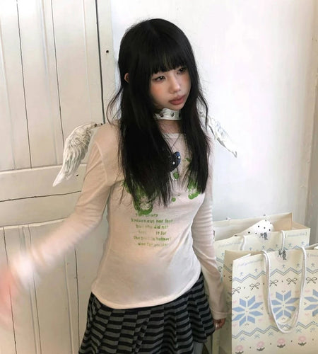 Japanese Y2k Graffiti Print T-shirt 2000s Aesthetics Flare Sleeve T Shirt Vintage Harajuku Fairycore Tops American Retro