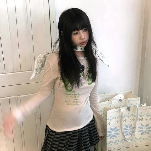 Japanese Y2k Graffiti Print T-shirt 2000s Aesthetics Flare Sleeve T Shirt Vintage Harajuku Fairycore Tops American Retro