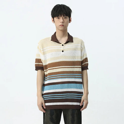 Load image into Gallery viewer, T-shirt Stripe Knitted Contrast Color Short Sleeve Male Clothing Casual Lapel Single Breasted Pullover Men&#39;s Top 9C5379
