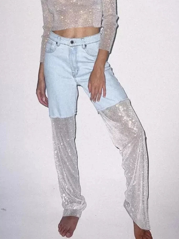 Spliced Mesh Diamonds Cut Out Denim Long Trouser For Women High Waist Patchwork Pockets Loose Straight Wide Leg Jeans Female