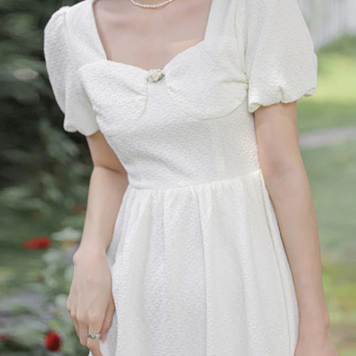 Load image into Gallery viewer, Slim Fashion White Puff Sleeve Women&#39;s Dresses French Style Square Neck Solid Color Female Dress Summer Elegant Dress
