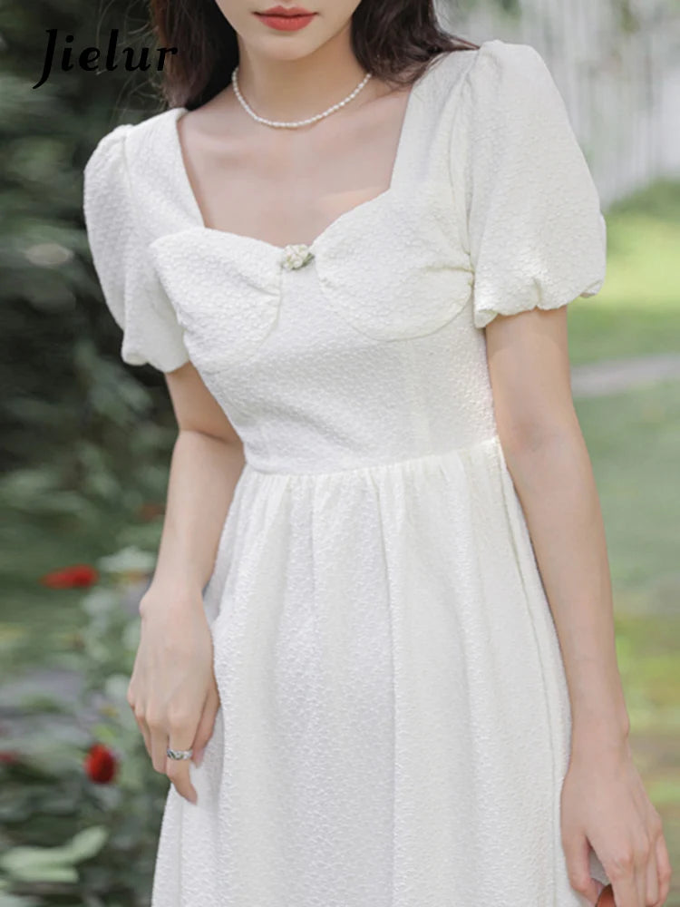 Slim Fashion White Puff Sleeve Women's Dresses French Style Square Neck Solid Color Female Dress Summer Elegant Dress