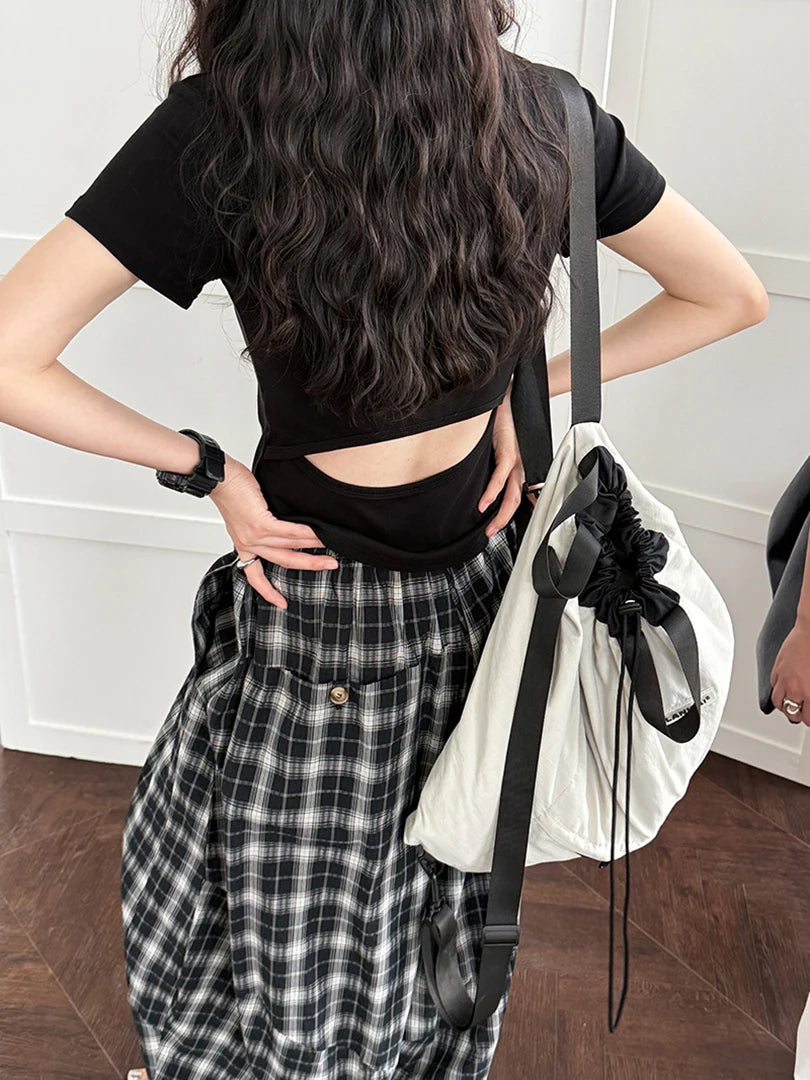 Women Dark Gray Back Hollow Out Casual Slim T-shirt New Round Neck Short Sleeve Fashion Tide Spring Summer 2025 1DJ1546