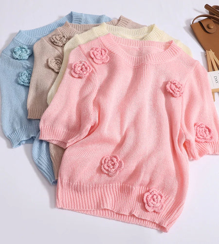 Summer Vintage Sweet Flower Decoration Short Sleeve Knitwear T Shirt Women Elegant Festival Round Neck Vacation Crochet Tops New