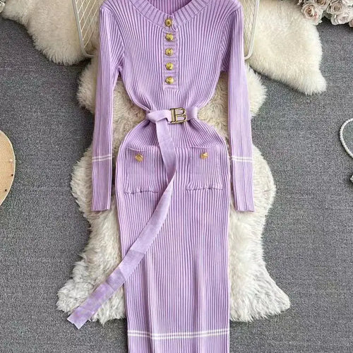 Load image into Gallery viewer, Korean Fashion Women's Stripe V Neck Elegant Slim Long Sleeved Dress Spring Vacation Single Breasted Office Knitted Dress Casual
