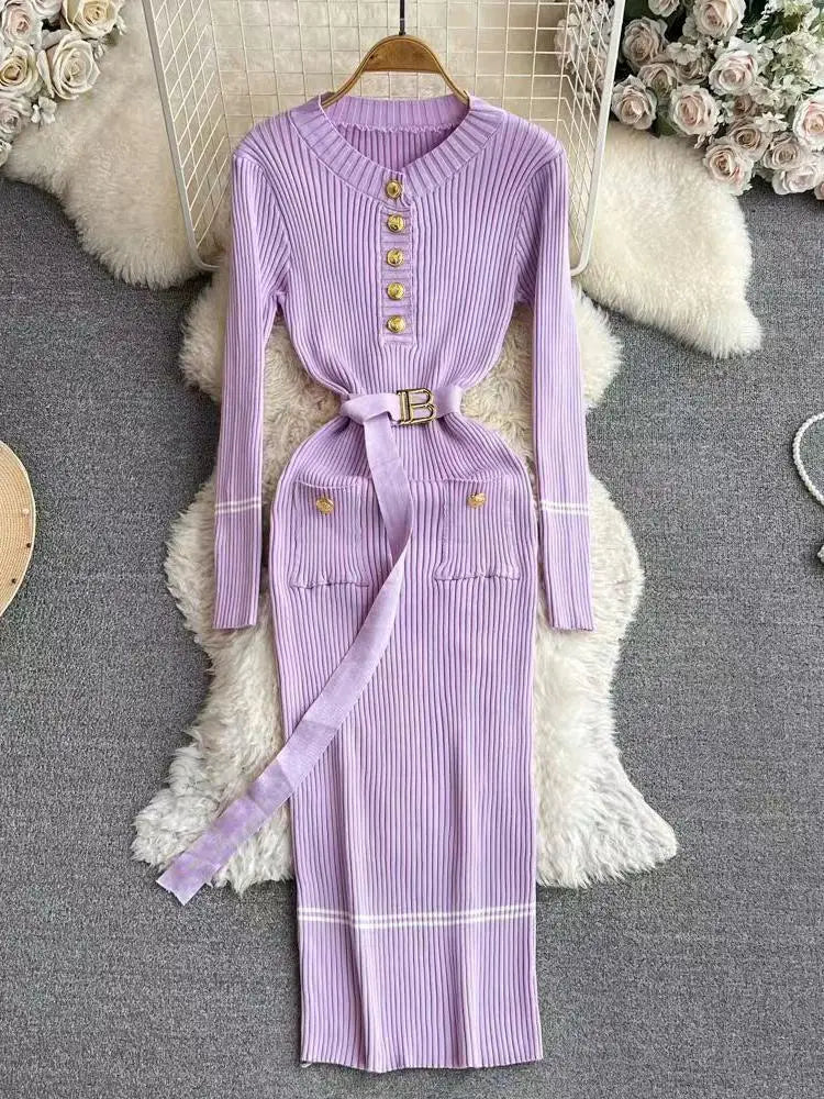 Korean Fashion Women's Stripe V Neck Elegant Slim Long Sleeved Dress Spring Vacation Single Breasted Office Knitted Dress Casual