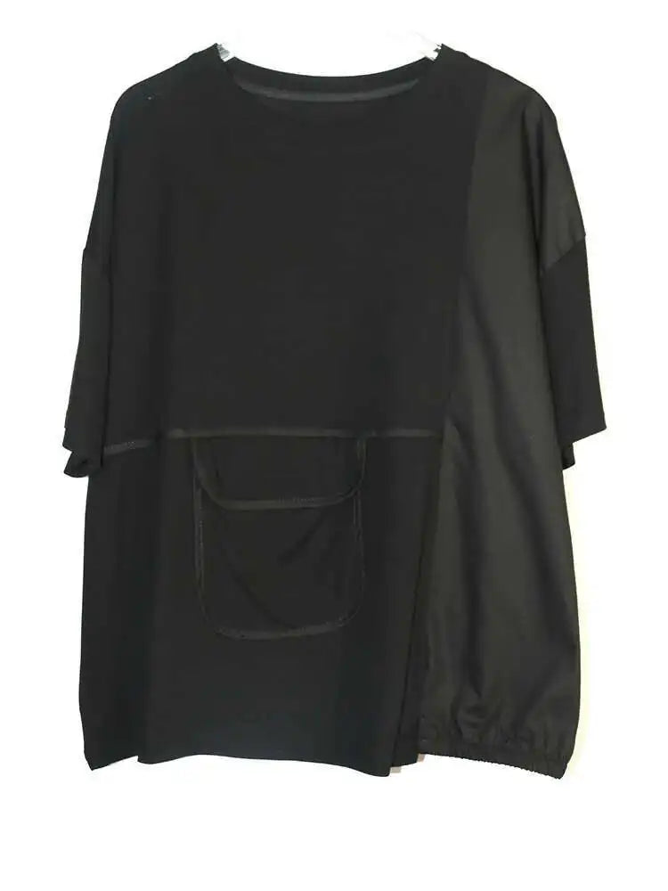 Women Black Pocket Irregular Spliced Big Size T-shirt New Round Neck Short Sleeve Fashion Tide Spring Summer 2025 1DJ0621