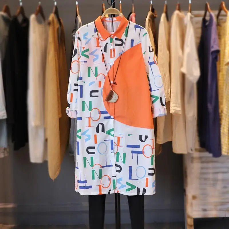 Blouses Women Casual Letter Print Loose Medium Long Women's Shirt 2022 New Long Sleeve Top Fashion Blouses And Shirts