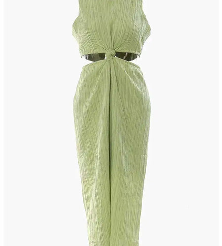 Women Green Waist Knot Cut-out Long Elegant Dress New Round Neck Sleeveless Loose Fit Fashion Spring Summer 2025 17A7128