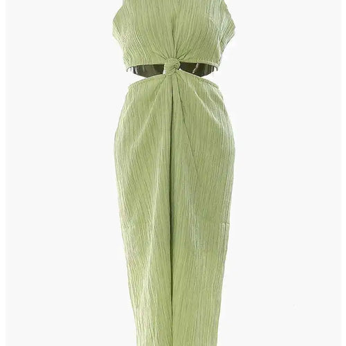 Load image into Gallery viewer, Women Green Waist Knot Cut-out Long Elegant Dress New Round Neck Sleeveless Loose Fit Fashion Spring Summer 2025 17A7128
