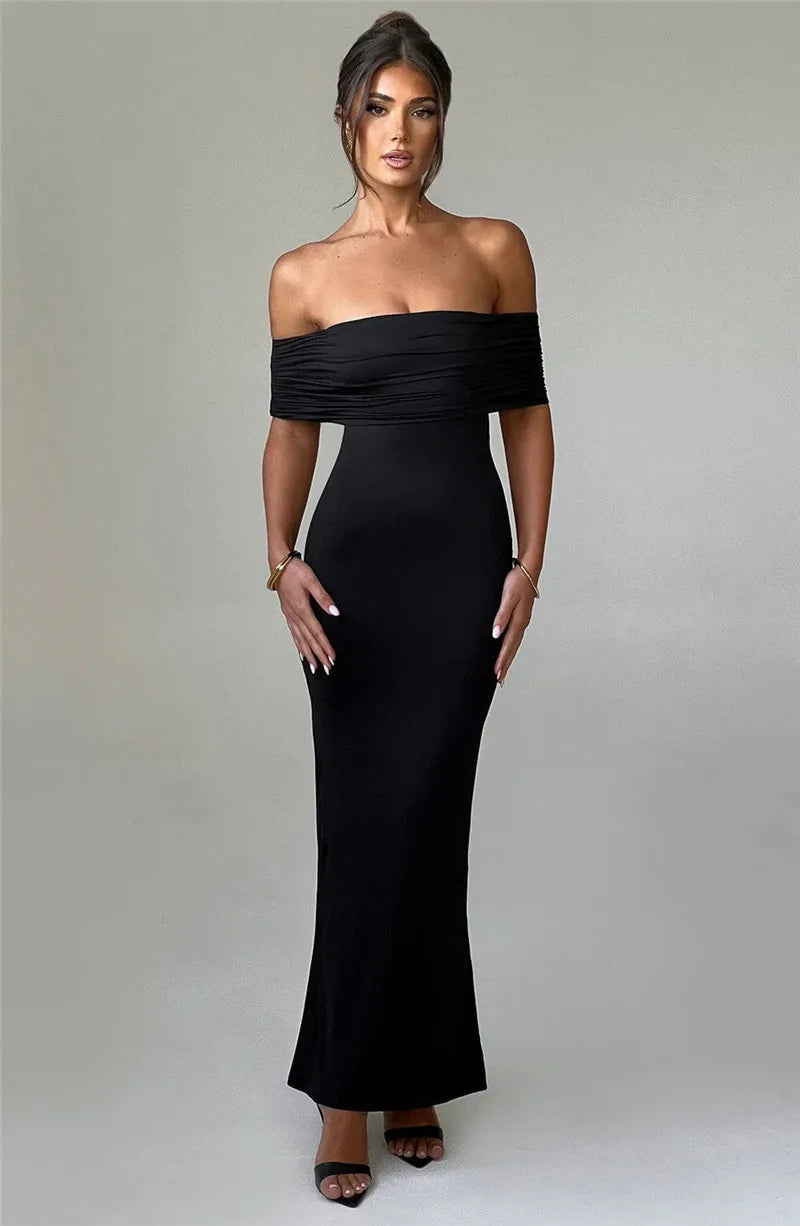 Strapless Backless Sexy Maxi Dress For Women Black Solid Off-shoulder Sleeveless Bodycon Club Party Long Dress Elegant