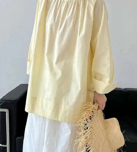 Women Yellow Big Size Long Blouse New Round Neck Long Sleeve Loose Fit Shirt Fashion Tide Spring Autumn 2025 1DH0197