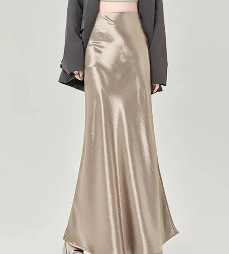 French Fashion Women Black Beige High Waist Long Skirt 2025 Spring Summer Khaki Vacation Party Pleated Fishtail Skirt Simplicity