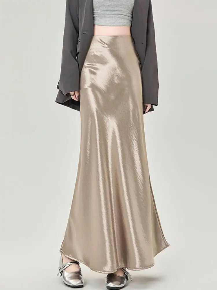 French Fashion Women Black Beige High Waist Long Skirt 2025 Spring Summer Khaki Vacation Party Pleated Fishtail Skirt Simplicity