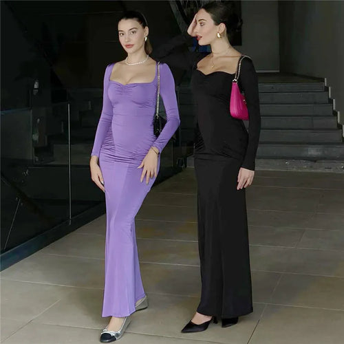 Load image into Gallery viewer, Square Collar Long Sleeve Sexy Long Dress For Women Gown Fashion Elegant Autumn Solid Bodycon Maxi Dress Clubwear
