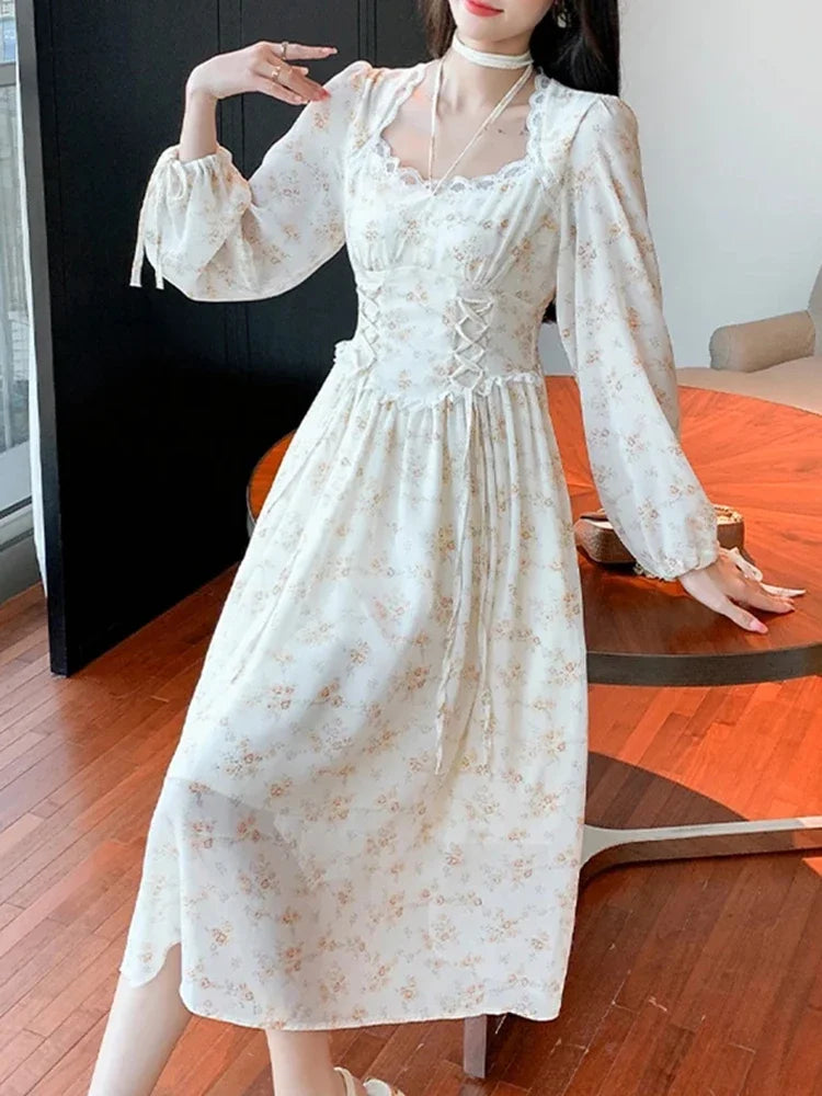 Spring Elegant Women's Y2K Midi Dress Korean Fashion Retro Sweet Flower Party Full Sleeve Dress Women Casual Lace Dresses