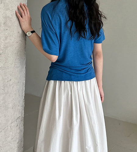 Women Blue Brief Belted Elegant Casual T-shirt New Slash Neck Short Sleeve Fashion Tide Spring Summer 2025 1DJ1475
