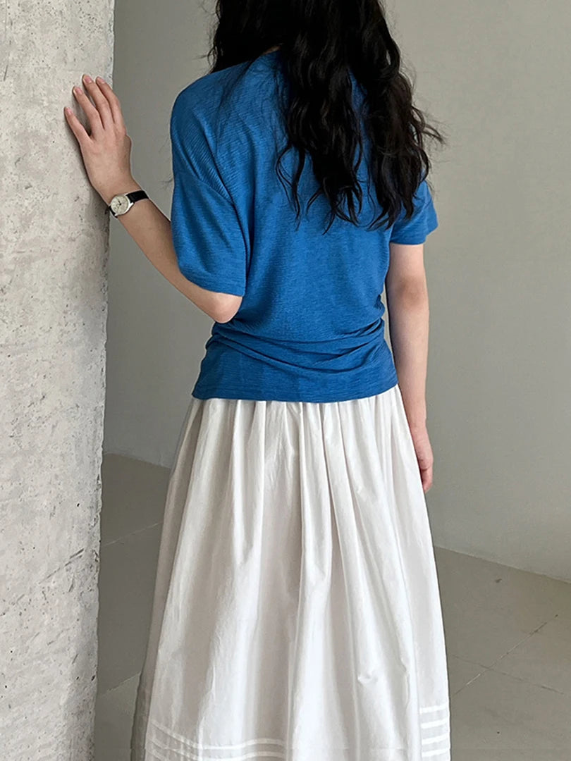 Women Blue Brief Belted Elegant Casual T-shirt New Slash Neck Short Sleeve Fashion Tide Spring Summer 2025 1DJ1475