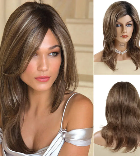Synthetic Hair Mommy Wigs Natural Brown Wig with Bang Long Curly Hairstyles Blend Highlight Classic Wigs for Women Gift