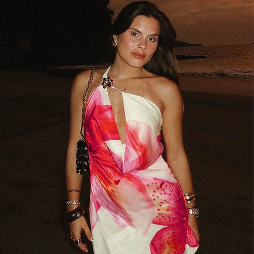 Load image into Gallery viewer, One Shoulder Backless Print Sexy Mini Dress Women Summer New Hollow Out Sleeveless Ruched Beach Club Party Dress
