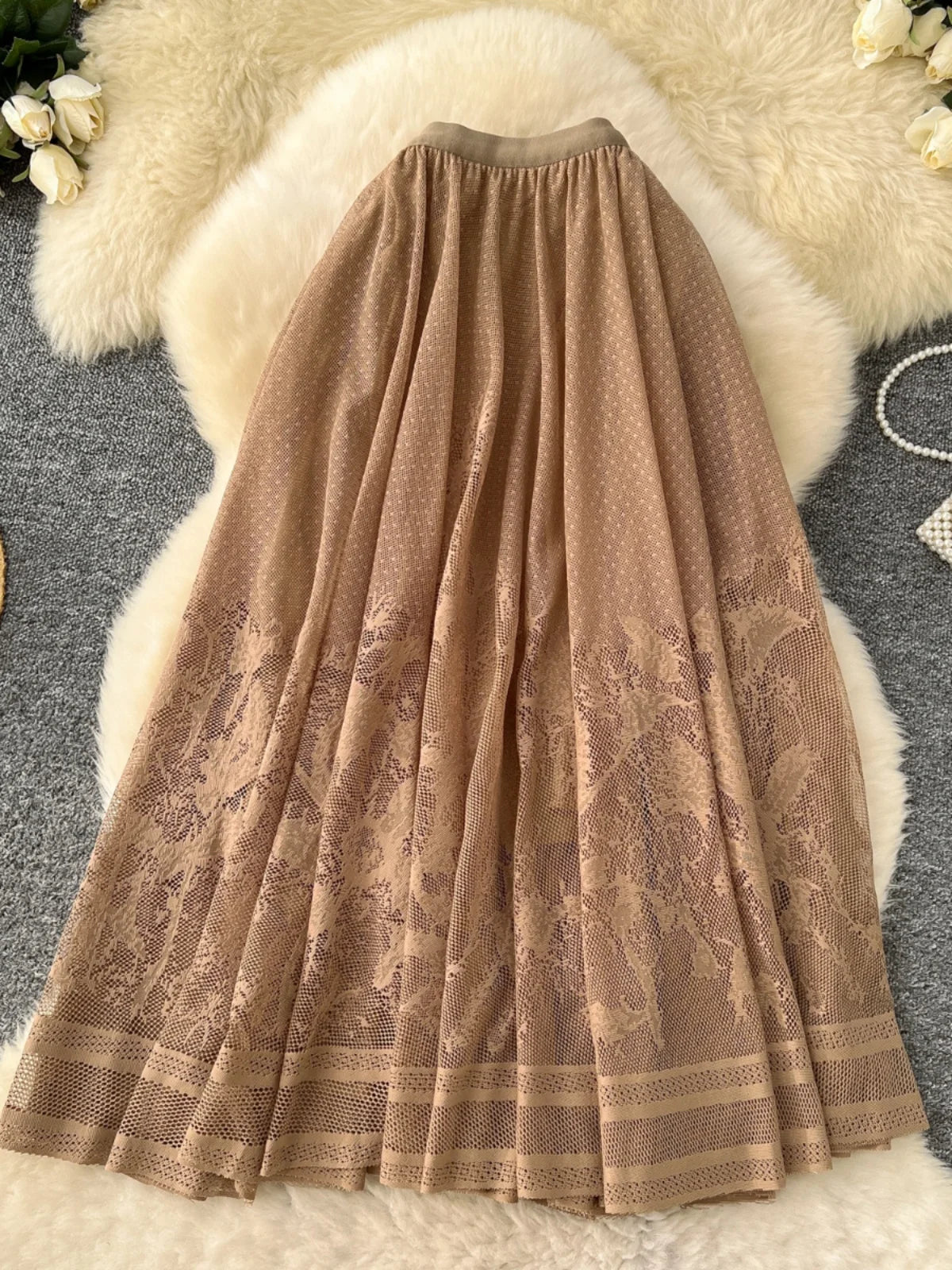 Vintage Elegant Women Black White Mesh High Waist Vacation Long Skirt Autumn Winter New Brown Pleated A-line Short Skirt Popular