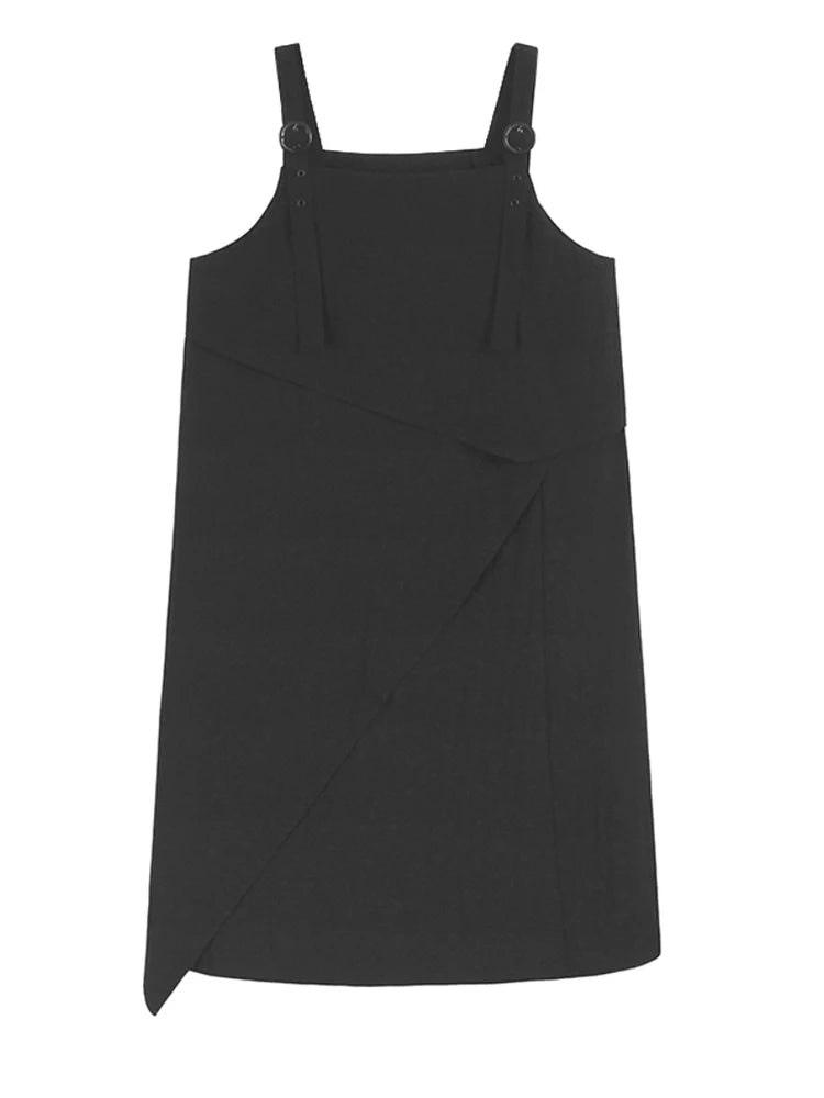 Women Black Irregular Big Size Midi Strap Dress New Square Collar Sleeveless Fashion Tide Spring Autumn 2025 1DJ1229