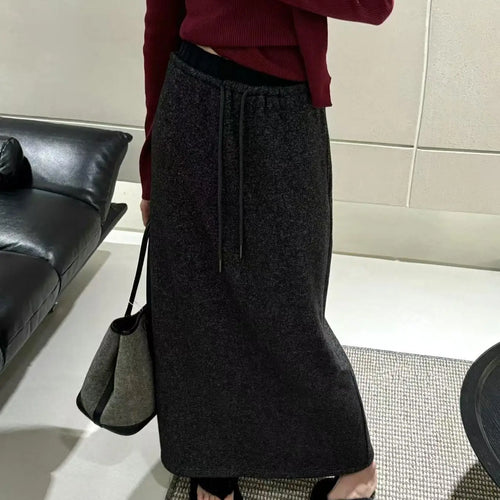 Load image into Gallery viewer, Korean Style Woman Black Elegant High Waisted Straight Woolen Skirts Autumn Winter Casual Simple Grey Drawstring Lace-up Skirt

