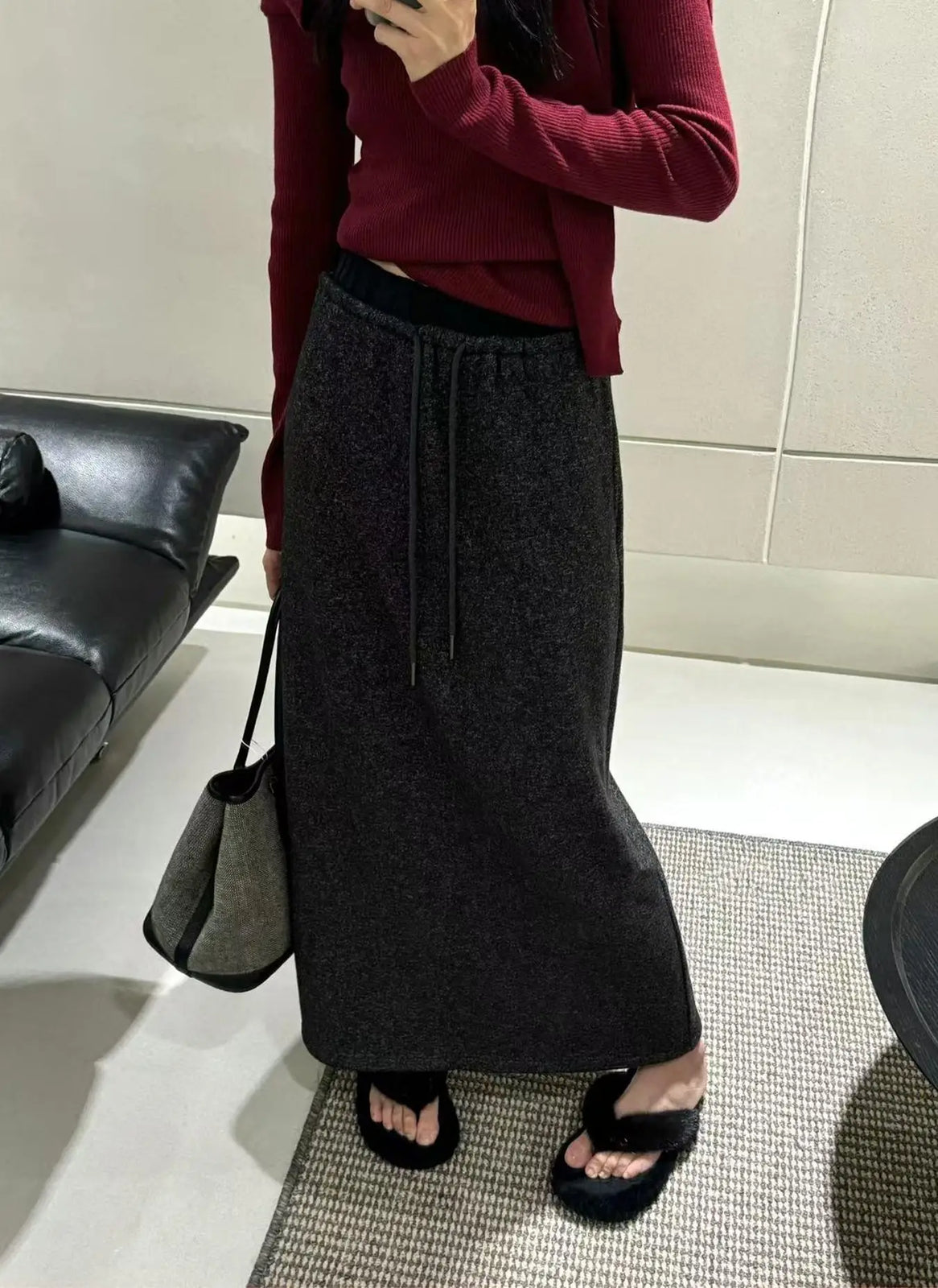 Korean Style Woman Black Elegant High Waisted Straight Woolen Skirts Autumn Winter Casual Simple Grey Drawstring Lace-up Skirt