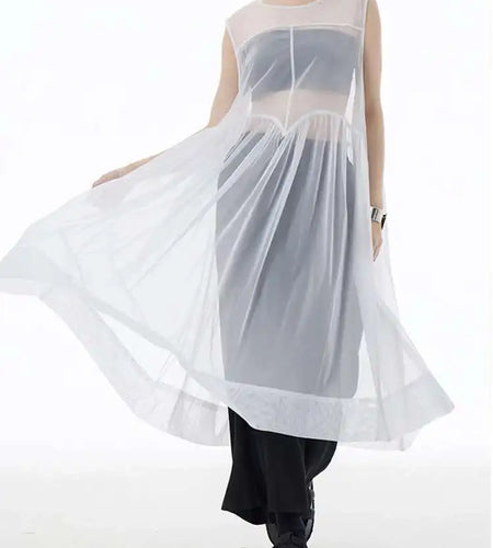 Women Black Big Hem Mesh Big Size Elegant Perspective Dress New Round Neck Sleeveless Fashion Spring Summer 2025 1DH6298